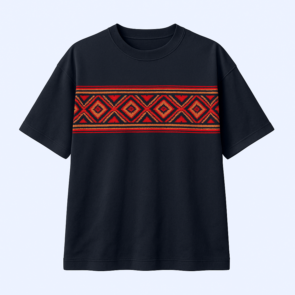 Black Oversized T-Shirt with Pahadi Inspired Red Tribal & Floral Design