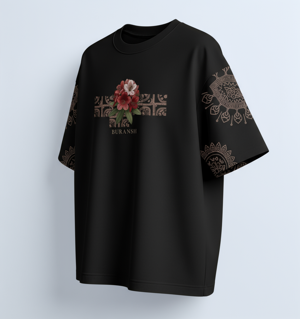 Buransh Blossom – Himachal Soul Graphic Black T-Shirt (Unisex)