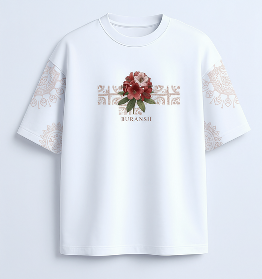 Buransh Blossom – Himachal Soul Graphic White T-Shirt (Unisex)