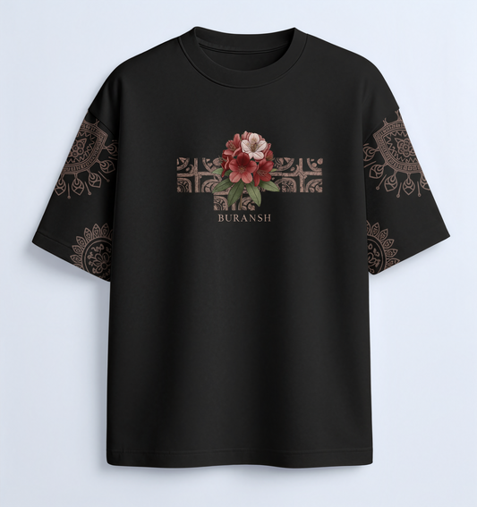 Buransh Blossom – Himachal Soul Graphic Black T-Shirt (Unisex)