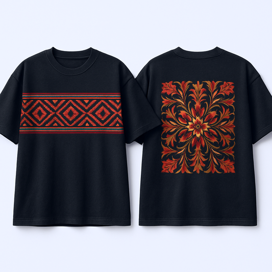 Black Oversized T-Shirt with Pahadi Inspired Red Tribal & Floral Design