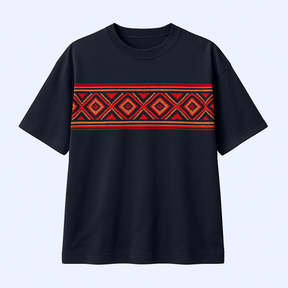 Black Oversized T-Shirt with Pahadi Inspired Red Tribal & Floral Design