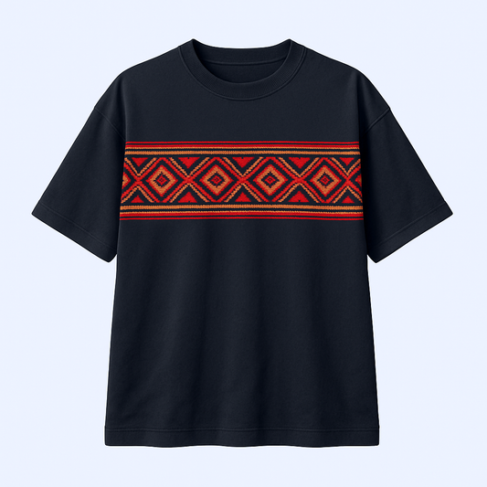 Black Oversized T-Shirt with Pahadi Inspired Red Tribal & Floral Design